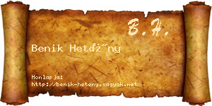 Benik Hetény névjegykártya